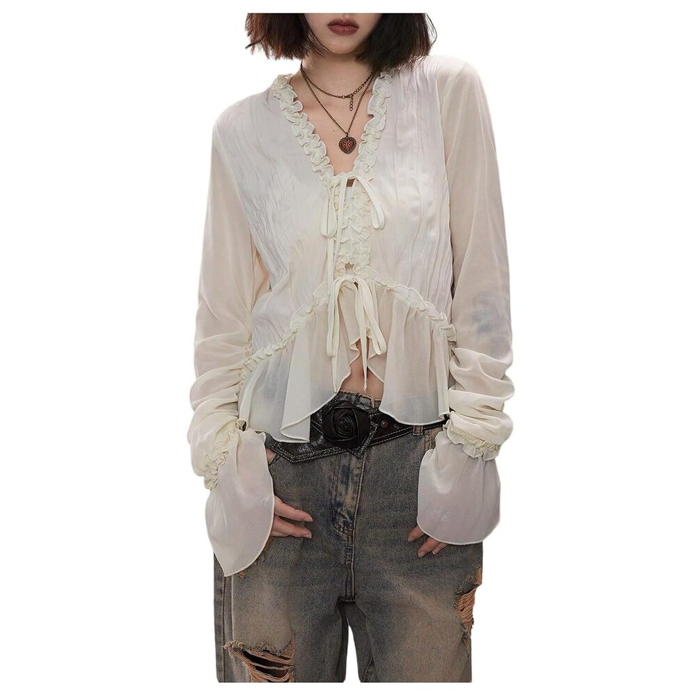 Women's Long Sleeve Chiffon Mesh Blouse Ruffle Trim Tie Boho Crop